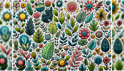 Playful plants nature doodle art - obrazy, fototapety, plakaty