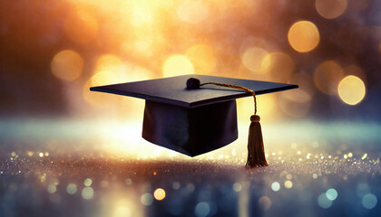 Education graduation hat symbol of online e learning, academic degree. - obrazy, fototapety, plakaty