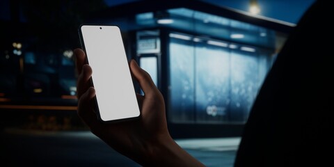 Caucasian male using his phone in the street at night near bus stop