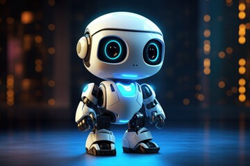Fototapeta premium Modern futuristic baby robot with glowing eyes Ai generated