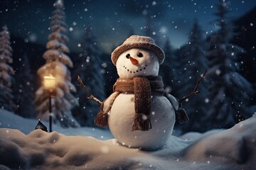 A happy snowman, night warm photo, snow landscape, winter, Merry Christmas and happy new year, macro photography.