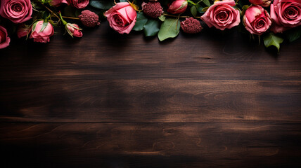 beautiful red roses on a wooden background.