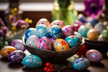 Happy Easter background with colorful eegs and flowers. Holiday concept