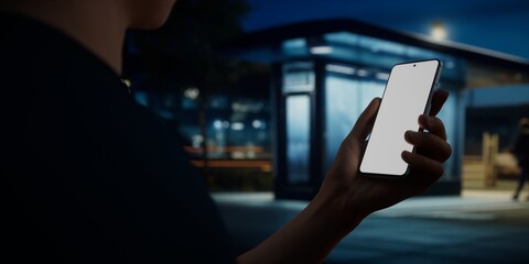 Caucasian male using his phone in the street at night near bus stop