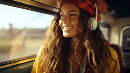 person listening to music, portrait of a woman in a  travel car