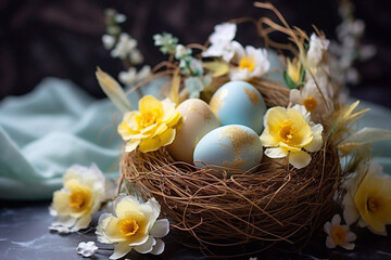 Happy Easter background with colorful eegs and flowers. Holiday concept