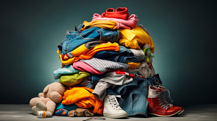 pile of different clothes on a wooden surface
