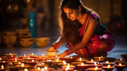 A woman holding a candle. Diwali holiday.