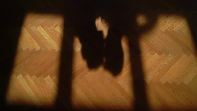 Shadow on wooden floor of couple in love looking to each other and kissing. Man and woman, sensual. Lovely family - bride and groom at the wedding.