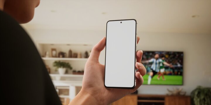 Caucasian Female Watching Football At Home, Making Bets On Her Phone