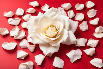 white rose and rose petals on red romantic background