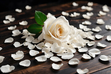 White rose and white rose petals on black wooden background