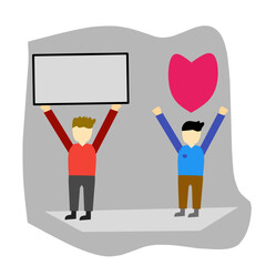 illustration of a person holding a board and the other person raising their hand with a heart shape above it