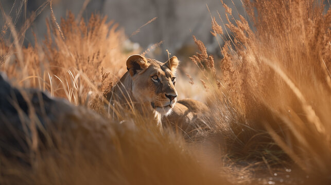Lioness lying in the savannah gras