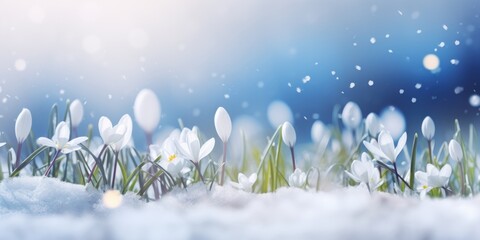 A bunch of white flowers in the snow, header, footer, panoramic banner image.