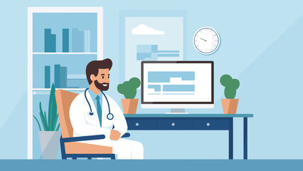 minimalistic representation of a telemedicine session with a doctor. a doctor on a video call interface, occupies the foreground against a muted background. Vector illustration - obrazy, fototapety, plakaty