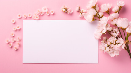 Naklejka na ściany i meble white paper flowers and empty card on pink background