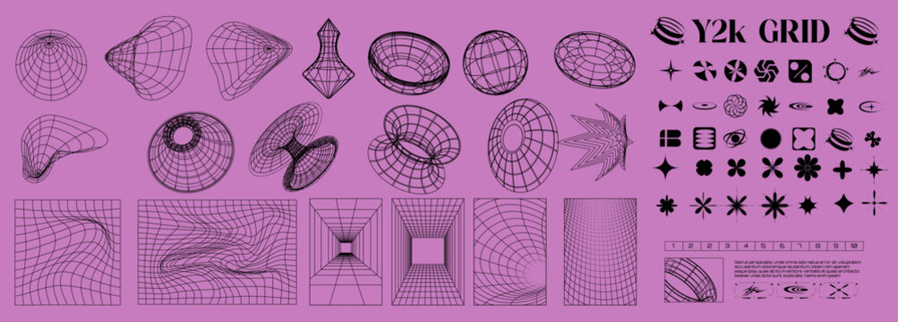 Y2k white grid abstract shape. Set of wireframe geometric forms and symbols. Abstract Geometric Shapes and Patterns Collection on Y2K Grid Background for Design Concepts. Vector illustration