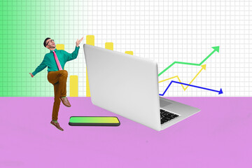 Creative collage picture of excited mini elegant guy dance big smart phone laptop trading graphics stats isolated on checkered painted background