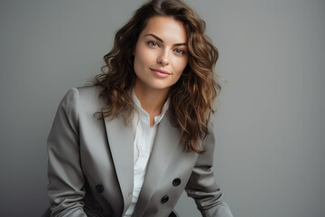 Stylish Frontal Shot of a Young Lady in Business Attire Against a White Backdrop