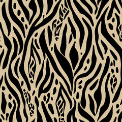 Seamless leopard, tiger, zebra texture, mixed animal print.