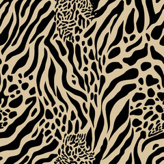 Seamless leopard, tiger, zebra texture, mixed animal print.