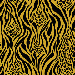 Seamless leopard, tiger, zebra texture, mixed animal print.
