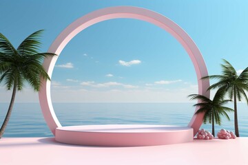 3d render of Abstract minimal display podium for showing products or cosmetic presentation with summer beach scene