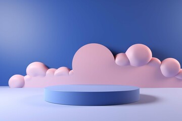 Abstract mockup podium for product presentation, blue background with clouds, 3d render
