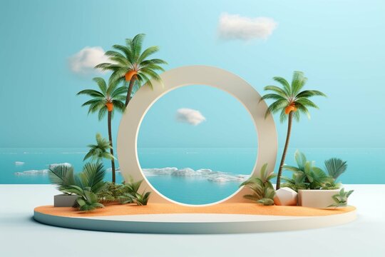 3d render of Abstract minimal display podium for showing products or cosmetic presentation with summer beach scene