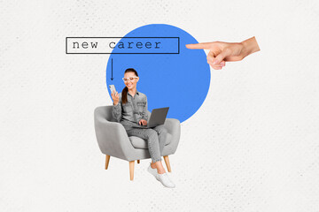 Horizontal creative collage picture of young positive girl sit chair use phone laptop for job...
