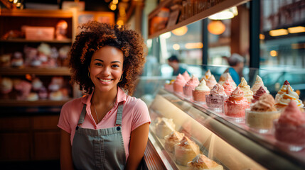 portrait of an African American woman selling ice cream in an ice cream parlor - obrazy, fototapety, plakaty