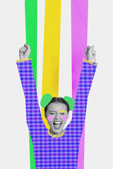 Vertical collage picture of overjoyed black white colors girl raise fists accomplishment triumph...