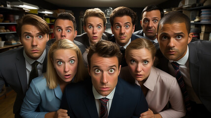 A funny photo of a group of business people in a office team looking at the camera with confused and surprised mood with big ball eyes and open mouth 