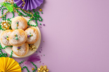 Dynamic Party Ensemble: Top view photo capturing essence of Mardi Gras with carnival food, feather,...