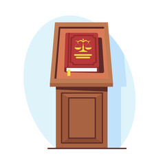 Book of laws or constitution lies on wooden pedestal. Legal documentation. government declaration, democracy symbol. Judgement document cartoon flat style isolated vector justice concept