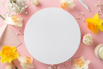 Unveil your emotions with a romantic spring letter. High-angle shot features tender narcissus and gypsophila branches, an envelope and rattan balls on rose background, perfect for text or advertising
