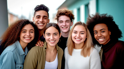 Fototapeta premium Happy group of young people - Smiling friends hanging out having fun on city street - Youth friendship concept