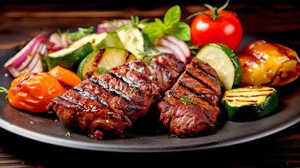 Grilled Meat with Vegetables - Close-up of a Plate of Steak on the Table