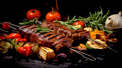 Grilled Meat with Vegetables - Close-up of a Plate of Steak on the Table