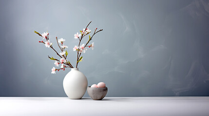 Minimalist Easter still life with a vase of flowers and eggs - Springtime
