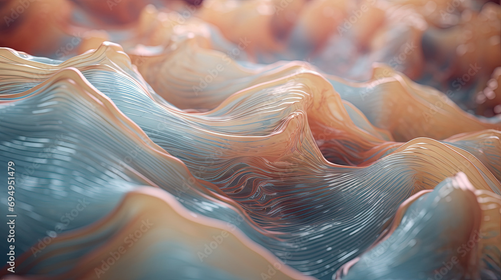 Poster Scientific abstraction with futuristic textured tissue waves. Tech background with close-up wave bio texture. Generated AI.