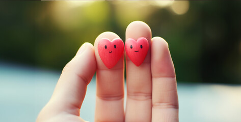 closeup couple painted heart on fingers valentine's day