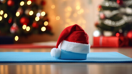 close up of yoga mat with Santa hat with home lifestyle , new year lifestyle - obrazy, fototapety, plakaty
