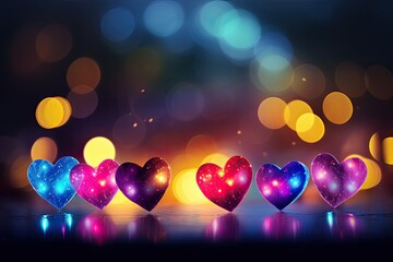 VDay background, romantic backdrop with colorful hearts and blurred background