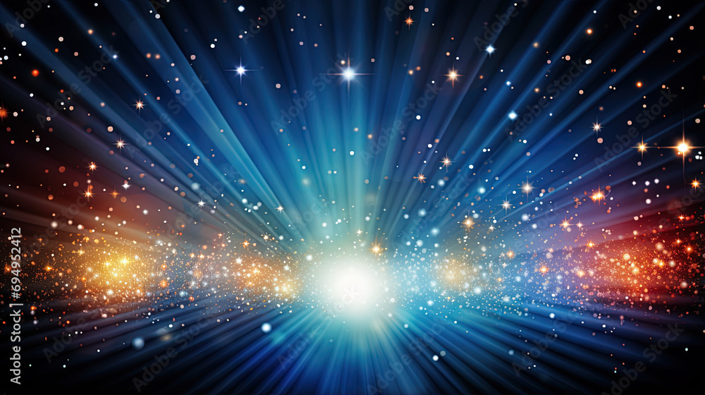 Poster Abstract backgound with blue and orange light rays. God rays or light burst with bokeh. Generated AI.