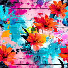 Grunge Floral Graffiti Bricks Wall Digital Paper, Seamless Patterns, Digital Background. Generative Ai