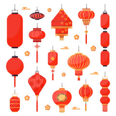 Fototapeta na wymiar Decorative chinese red lanterns. Tradition asian festival lights, holiday paper lamps, festive street suspended lightening, golden floral ornament, cartoon flat isolated vector set
