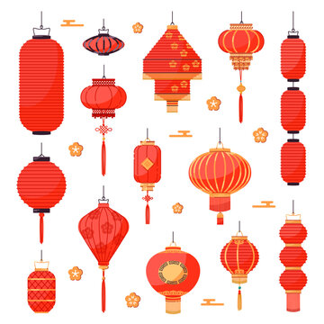 Decorative chinese red lanterns. Tradition asian festival lights, holiday paper lamps, festive street suspended lightening, golden floral ornament, cartoon flat isolated vector set