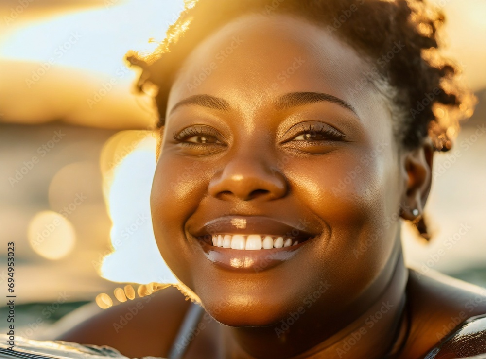 Poster Chubby African american smiling model wearing bikini on the beach